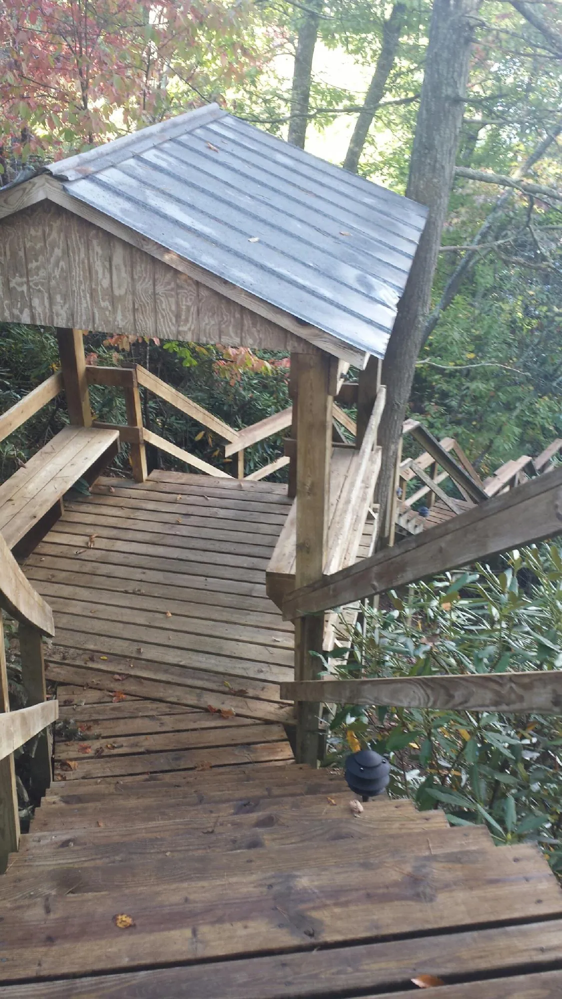 Metal roofed shelter over wooden steps on a wooded walkway — Skylight Repair & Installation work by our crew in Haw River